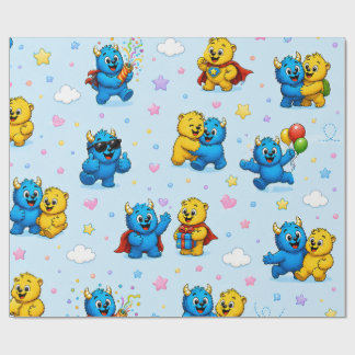 Speelse Monster Vrienden Sterren en Wolken Patroon Cadeaupapier