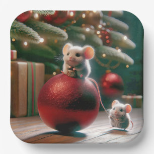 Speelse Muis Op Rode Kerstversiering Papieren Bordje