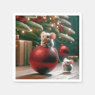 Speelse Muis Op Rode Kerstversiering Servet