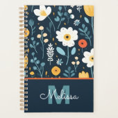 Speelse Navy Retro Bloom Monogram Planner (Voorkant)