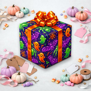 Speelse Neon Halloween Geest Patroon Ontwerp Cadeaupapier