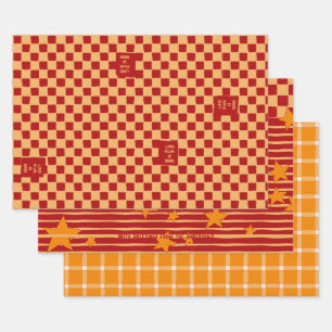 Speelse Oker & Rode Vintage Sterren & Schaakbord Inpakpapier Vel