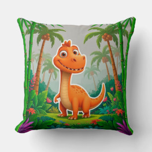 Speelse oranje dinosaurus in een weelderige jungle kussen
