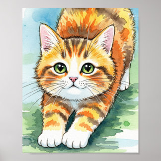 Speelse oranje tabby poes watercolor kunstposter poster