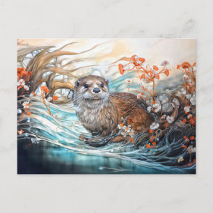 Speelse otter in vijver met weerspiegelingen feestdagenkaart