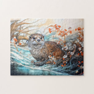 Speelse otter in vijver met weerspiegelingen legpuzzel