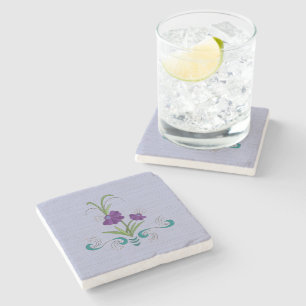 Speelse Paarse Flower w / Tumbling Blauwgroen werv Stenen Onderzetter