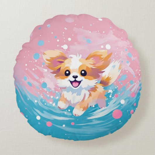 Speelse Papillon Pup: Spetters Roze en Blauw Rond Kussen (Voorkant)