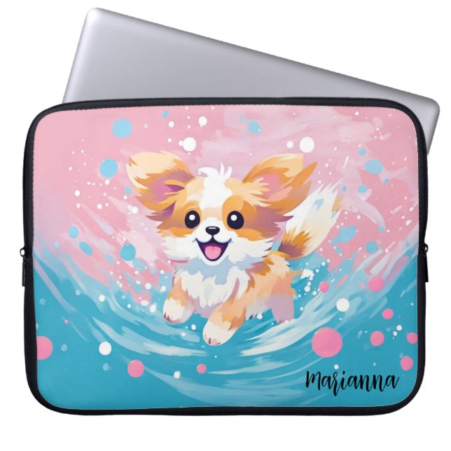Speelse Papillon Pup: Splash of Pink and Blue Laptop Sleeve (Voorkant)