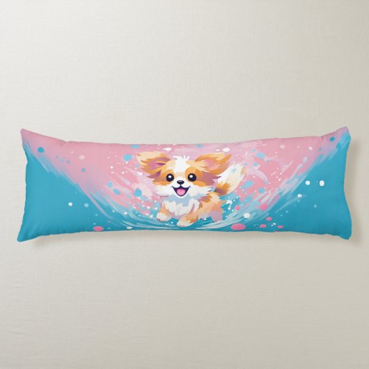 Speelse Papillon Pup: Splash of Pink and Blue Lichaamskussen (Voorkant)