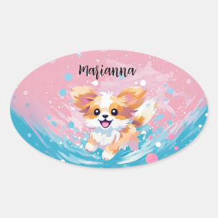 Speelse Papillon Pup: Splash of Pink and Blue Ovale Sticker