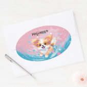 Speelse Papillon Pup: Splash of Pink and Blue Ovale Sticker (Envelop)
