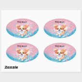 Speelse Papillon Pup: Splash of Pink and Blue Ovale Sticker (Vel)