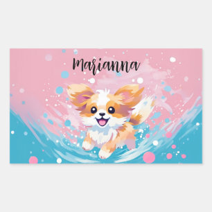 Speelse Papillon Pup: Splash of Pink and Blue Rechthoekige Sticker