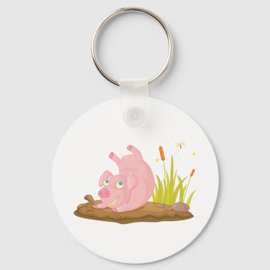Speelse Pig in Mud Funny Boerderij Animal Sleutelhanger (Voorkant)