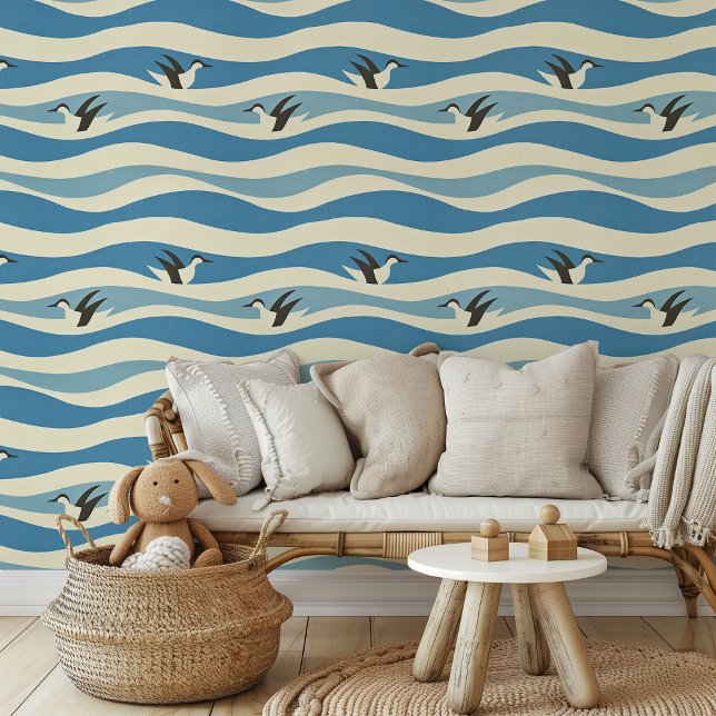 Speelse Pinguïn Ocean Waves Peel & Stick Behang (Creator heeft geüpload)