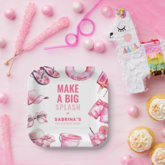 Speelse Pink Pool Party Summer Girl's Birthday Papieren Bordje (Feest)