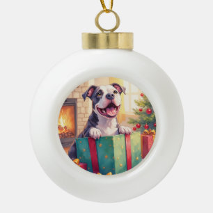 Speelse Pitbull die Kerstcadeaus Openmaakt Vakanti Keramische Bal Ornament