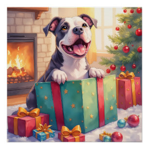 Speelse Pitbull die Kerstcadeaus Openmaakt Vakanti Perfect Poster