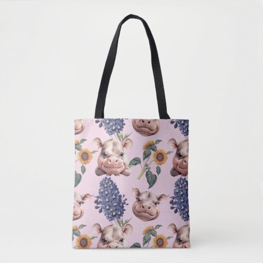 Speelse Pygmee Hippo & Bloemen Canvas tas (Voorkant)
