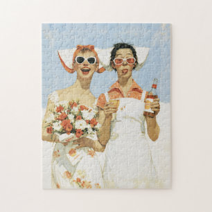 Speelse Retro Bruidsmeisjes Feest Illustratie Legpuzzel