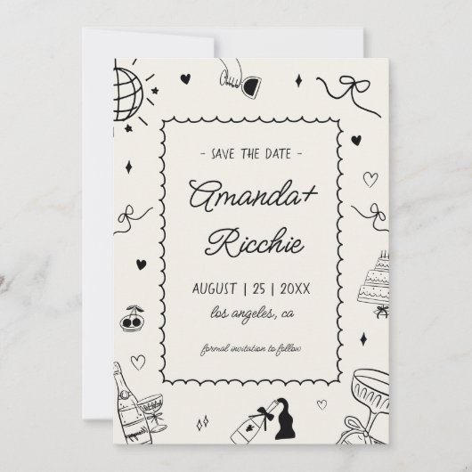 Speelse retro hand getrokken grillige doedel bruil save the date (Voorkant)