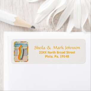 Speelse retro surfplank kust strand kunst etiket