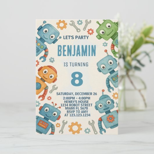 Speelse Robot Verjaardag Uitnodiging voor Kinderen (Staand voorkant)