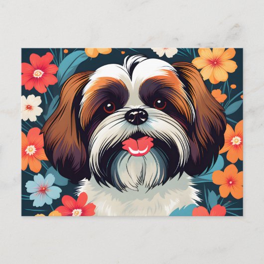 Speelse Shih Tzu en Bloemen veld Briefkaart (Voorkant)