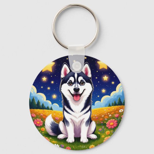 Speelse Siberische Husky Sleutelhanger (Voorkant)