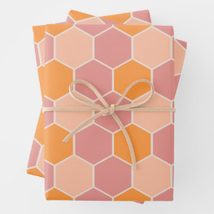 Speelse Sinaasappel & Roze Sunny Honey Bee Hexagon Inpakpapier Vel