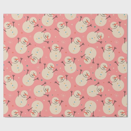 Speelse Sneeuwman Kerstpatroon op Roze Cadeaupapier (Vlak)