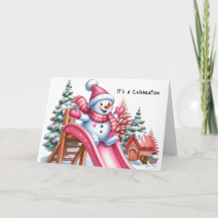 Speelse Sneeuwman op de Speelplaats Roze Feestdagen Kaart