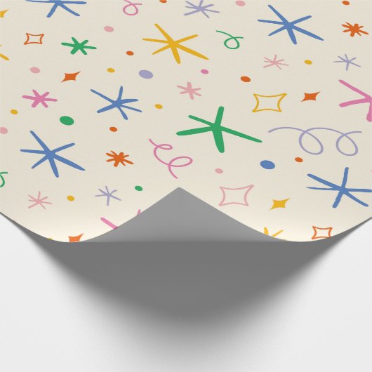 Speelse sterren en wervelingen kleurrijk patroon cadeaupapier (Hoek)