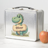 Speelse T-Rex met stenen naam bord (In situ)