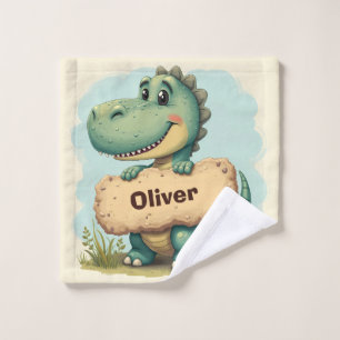 Speelse T-Rex met Stenen Naambord Washandje