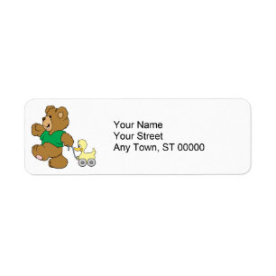 speelse teddybeer met speelgoed eendje etiket