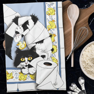 Speelse Tuxedo Kat Toiletpapier Chaos Blauw Geel Theedoek