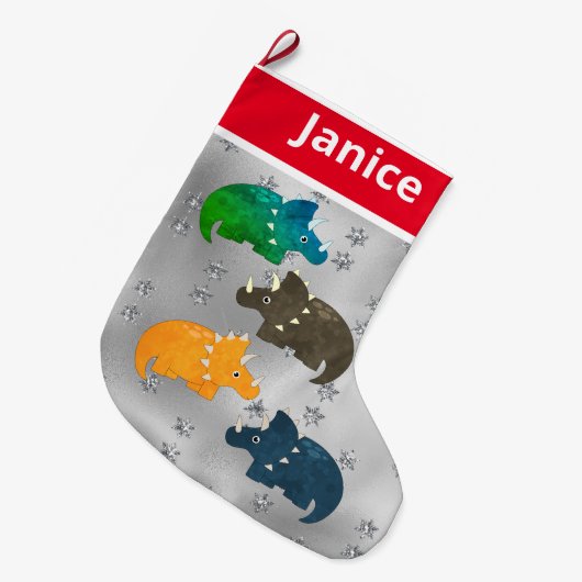 Speelse veelkleurige dinosaurussen op zilver grote kerstsok (Voorkant (Hangend))