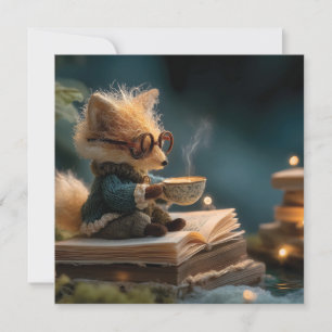 Speelse Vos Leest Boek en Drinkt Thee Feestdagenkaart
