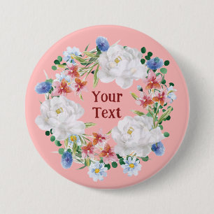 Speelse witte bloemenkrans reversspeld ronde button 7,6 cm