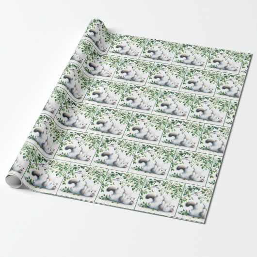 Speelse witte kat met vogel cadeaupapier (Uitgerold)