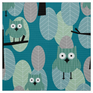 Speelse Woodland Retro Uil Patroon Blauwgroen grij Stof