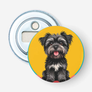 Speelse Zwarte En Grijze Terrier Puppy Portret Button Flesopener