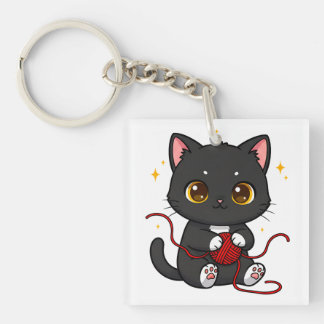Speelse Zwarte Kat Chibi-ontwerp Sleutelhanger