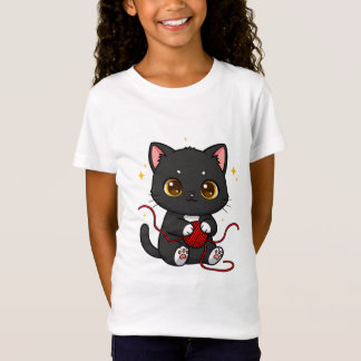Speelse Zwarte Kat Chibi-ontwerp T-shirt