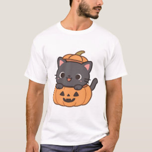 Speelse Zwarte Kat die uit Pompoen T-Shirt Springt