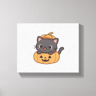 Speelse zwarte kat die uit pompoen T-shirt springt Canvas Afdruk