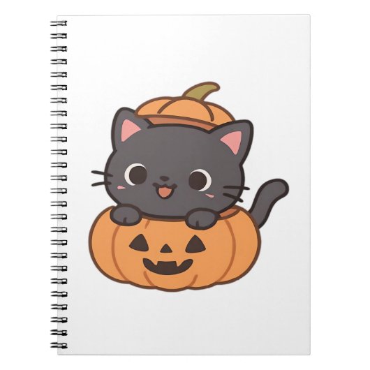 Speelse zwarte kat die uit pompoen T-shirt springt Notitieboek (Voorkant)