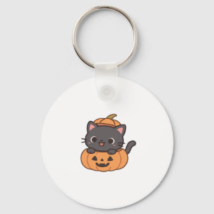 Speelse Zwarte Kat die uit Pompoen T-shirt Springt Sleutelhanger